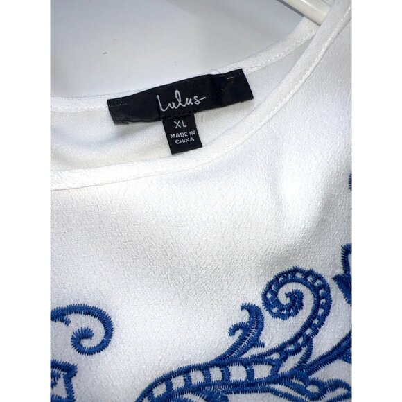 Lulus Dress Womens XL White Blue Embroidered Short Sleeve A-Line Back Zip - Picture 5 of 7